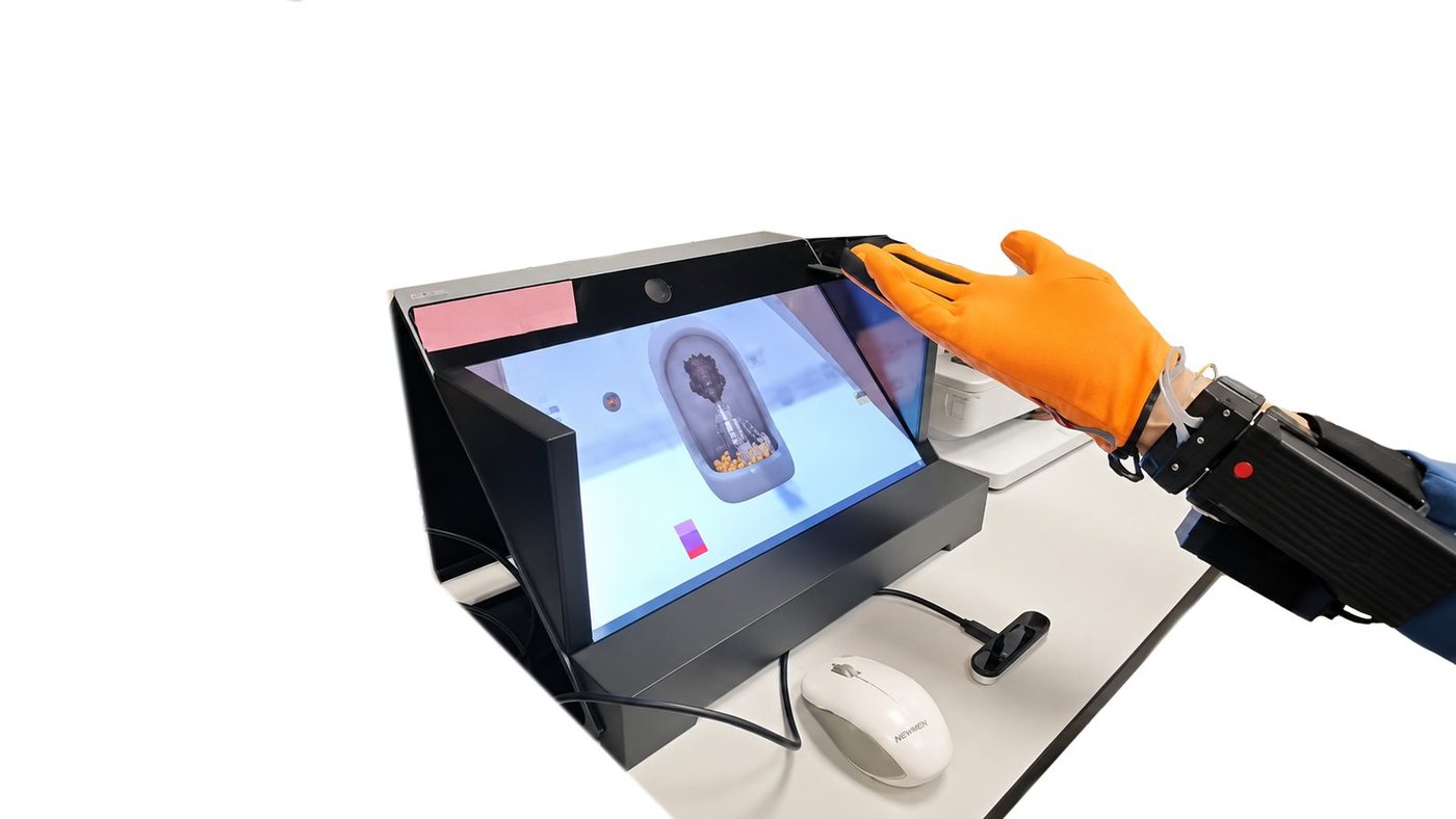 A HexR glove reaching into Sony’s Spatial Reality Display